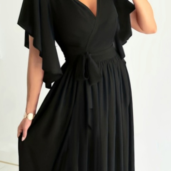 3/10 NEW Black Wrap Around Midi Dress Flutter Sleeves Tie Belt SHEIN - Picture 1 of 10